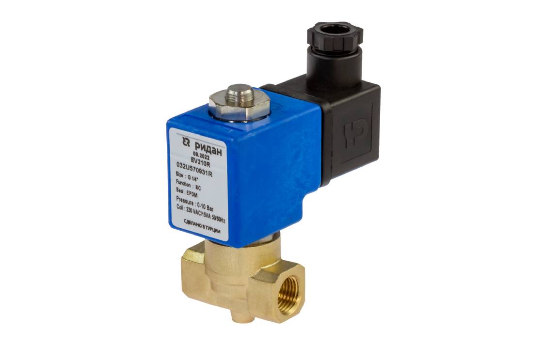 Клапан электромагнитный EV210R, присоединение G 1/4, Ду 3 мм, материал уплотнения EPDM, нормально закрытый, 0…10 бар, с катушкой 24В, постоянный ток РИДАН Ридан 032U570902R