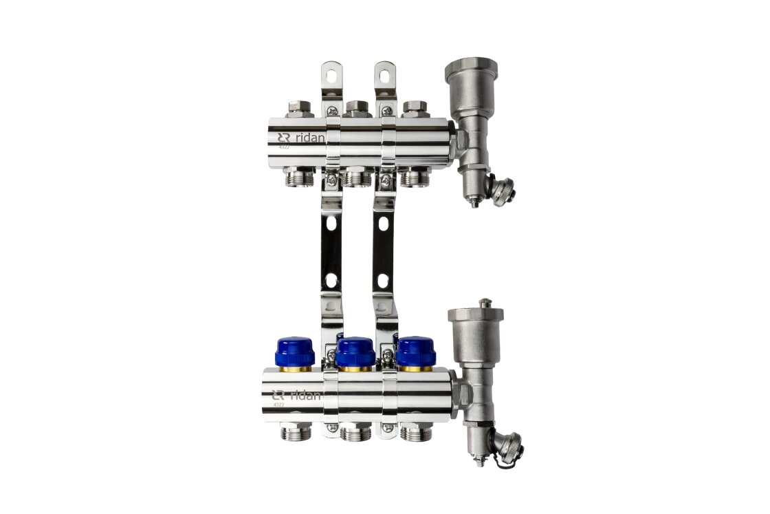 Комплект коллекторов FHF-6R set с кронштейнами и торцевыми секциями с автоматическими воздухоотводчиками, 6 контуров РИДАН Ридан 088U0706R